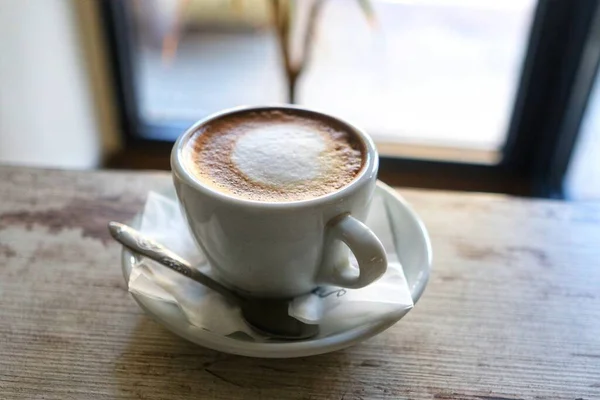 Koffie Tijd Warme Espresso Geserveerd Tafel Voedsel Drankenconcept — Stockfoto