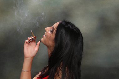 Stüdyoda poz veren güzel, göz kamaştırıcı, siyah saçlı beyaz kız. Tarz, trendler, yaşam tarzı, cazibe. Moda konsepti.