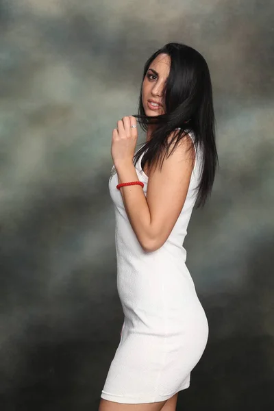 Beautiful Fancy Glamourous Caucasian Girl Black Hair Posing Studio Style — Stock Photo, Image