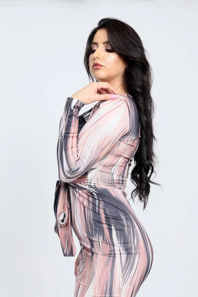 Beautiful Sensual Caucasian Girl Long Wavy Hair Posing Studio Isolated — Stock Photo, Image
