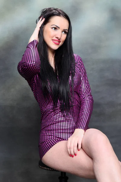 Beautiful European Girl Long Black Hair Posing Studio Canvas Background — Stock Photo, Image