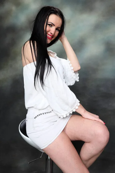 Beautiful European Girl Long Black Hair Posing Studio Canvas Background — Stock Photo, Image