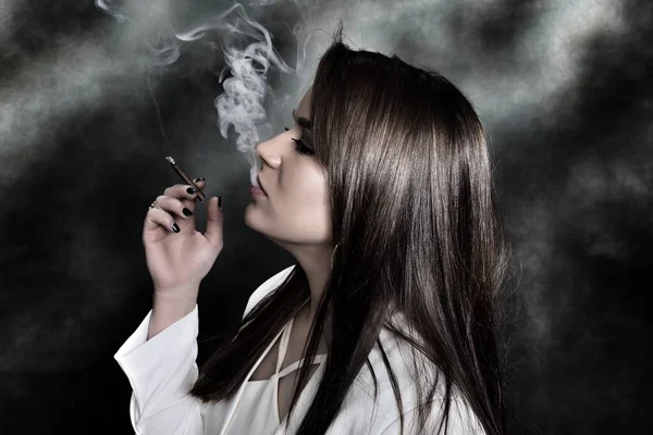 Ελκυστική Μελαχρινή Που Ποζάρει Στο Στούντιο Και Καπνίζει Πούρο Noir — Φωτογραφία Αρχείου