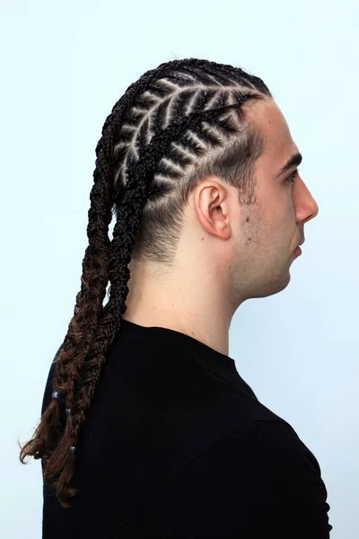 Attractive Guy Braids Posing Studio Isolated Background Style Trends Fashion — Stock Photo, Image
