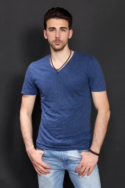 Attractive Male Model Short Hair Posing Studio Isolated Background Style — Stock Photo, Image
