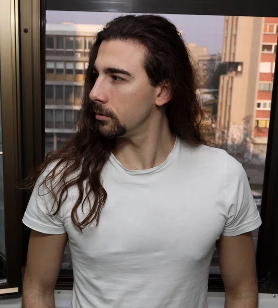 Attractive Young Caucasian Guy Long Hair Beard Standing Bored Balcony — Stock Photo, Image