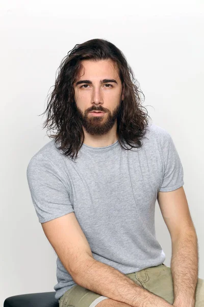 Attractive Male Model Long Hair Beard Posing Studio Isolated Background — Stock Photo, Image