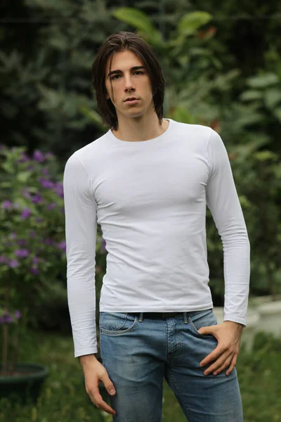 Attractive Male Model Long Hair Posing Nature Style Trends Fashion — Stock Photo, Image