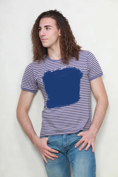 Attractive Male Model Long Hair Posing Studio Isolated Background Style — Stock Photo, Image