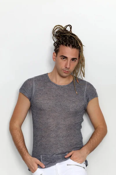 Attractive Blonde Male Model Combination Braids Dreadlocks Posing Studio Isolated — Stock Photo, Image