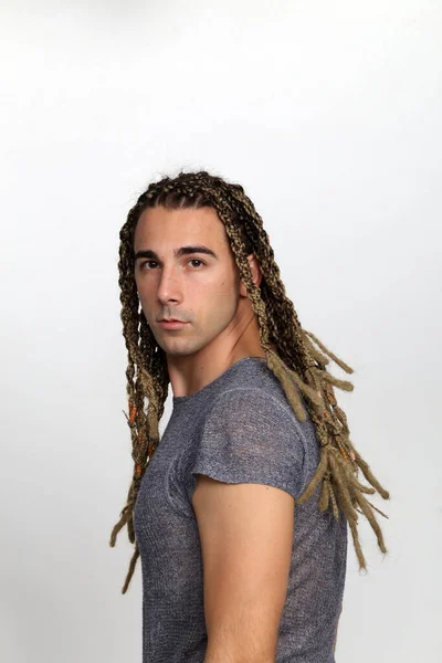 Attractive Blonde Male Model Combination Braids Dreadlocks Posing Studio Isolated — Stock Photo, Image