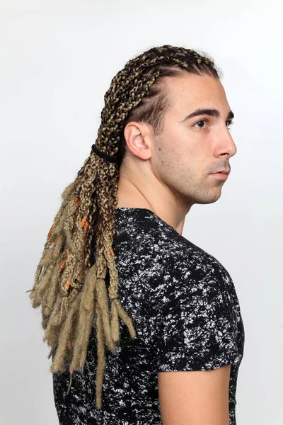 Attractive Blonde Male Model Combination Braids Dreadlocks Posing Studio Isolated — Stock Photo, Image