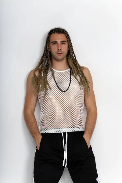 Attractive Blonde Male Model Combination Braids Dreadlocks Posing Studio Isolated — Stock Photo, Image