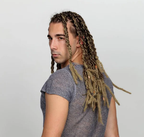 Attractive Blonde Male Model Combination Braids Dreadlocks Posing Studio Isolated — Stock Photo, Image