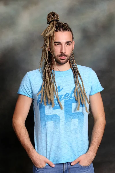 Attractive Blonde Male Model Combination Braids Dreadlocks Posing Studio Isolated — Stock Photo, Image