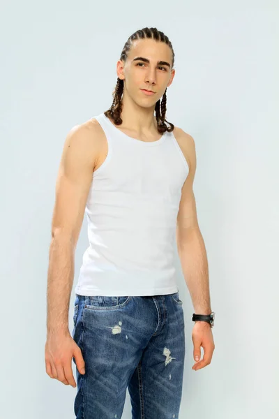 Attractive Male Model Plaits Posing Studio Isolated Background Style Trends — Stock Photo, Image