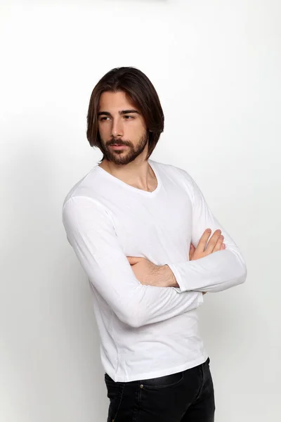 Attractive Male Model Long Hair Beard Posing Studio Isolated Background — Stock Photo, Image