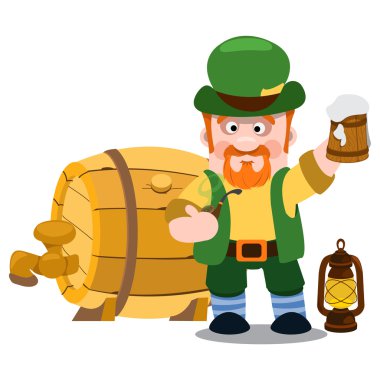Irish pub adam. Bir fincan köpüklü bira ile St. Patrick. Festival karakter karikatür tarzı. St Patricks Günü için tebrikler.