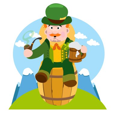 Irish pub adam. Bir fincan köpüklü bira ile St. Patrick. Festival karakter karikatür tarzı. St Patricks Günü için tebrikler.
