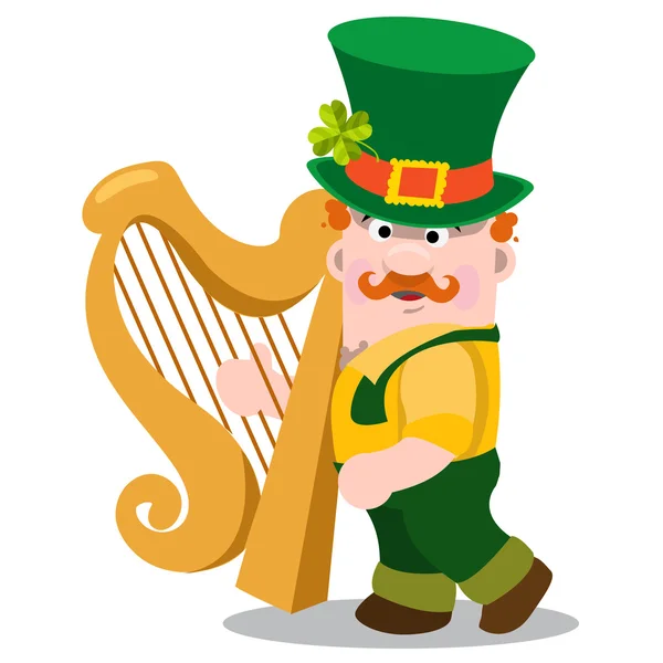 Człowiek z złota harfa w zielonym ubranku. Uroczysty charakter w stylu cartoon. Gratulacje dla St Patricks Day. — Wektor stockowy