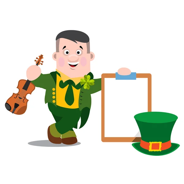 Un homme avec un violon et une tablette en costume vert. Le personnage festif dans le style de dessin animé. Félicitations à la Saint-Patricks Day . — Image vectorielle