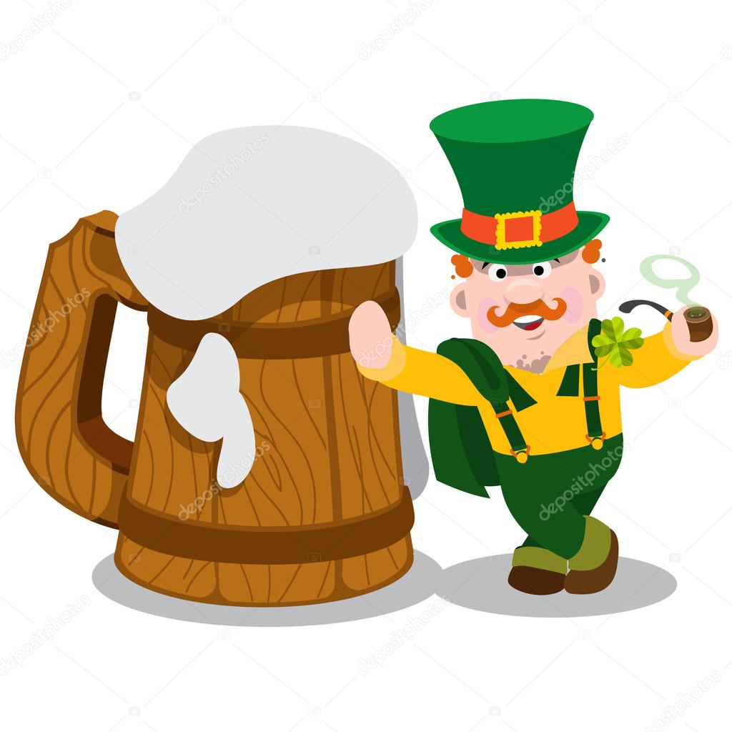 Man in the Irish pub. St. Patricks and a huge mug of foamy beer. The festive character in cartoon style. Congratulations to the St. Patricks Day.