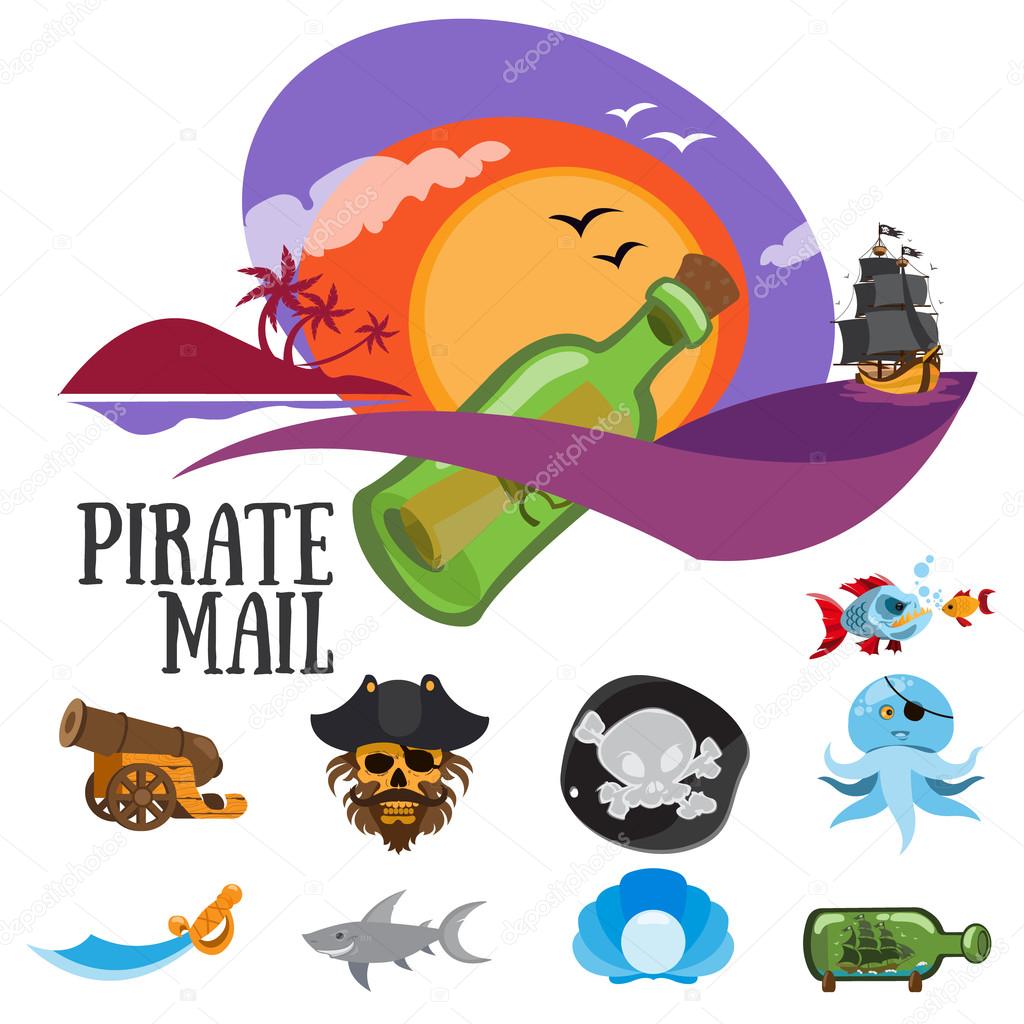Set of colorful patterns pirate mail, adventure and life of pirates.