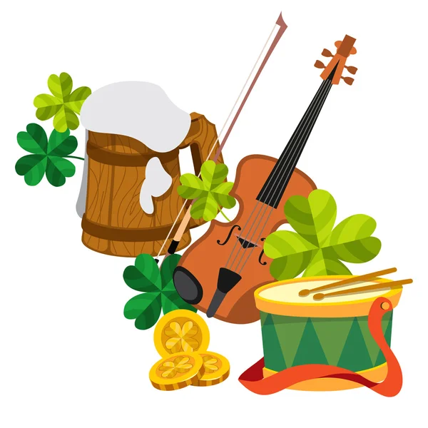 Wooden mug of beer foam, violin, clover and gold coins and the drum. — Stock Photo, Image