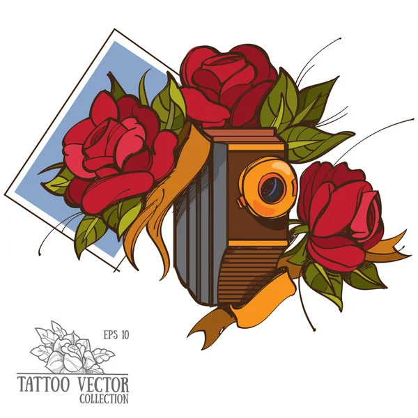 Vintage camera and roses. Colorful picture old camera and a bouquet of roses. Tattoo. Color illustration.