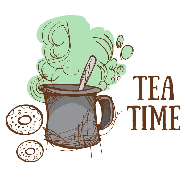 Tea Time, großer Becher und Donut. — Stockfoto