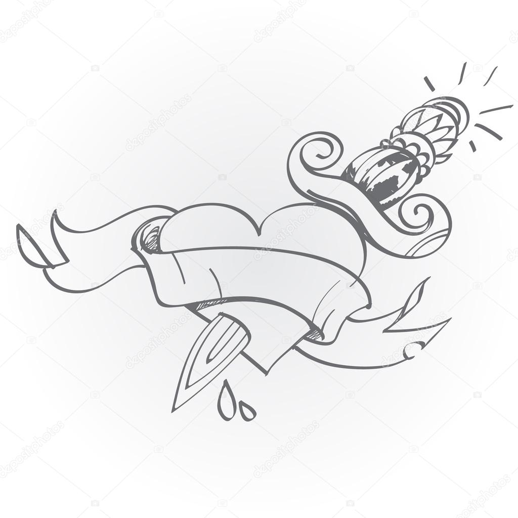 Serce Przebite Przez Sztylet Szkic Tatuaż Czarno Biały