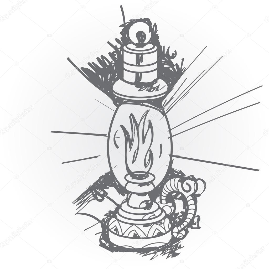 Kerosene lamp. Black and white sketch of a tattoo.