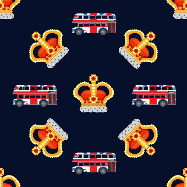 王冠君主と貴族の暗い青色の背景に英語の二階建てバスのシームレス パターン. — ストック写真