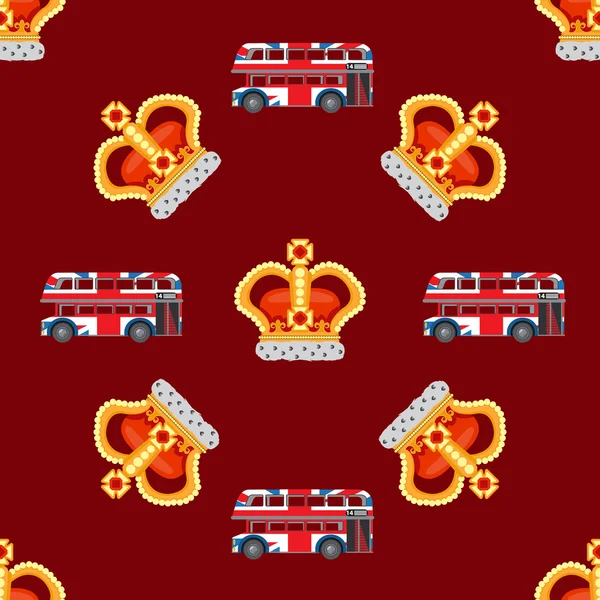 Motif sans couture avec monarque couronne et bus à deux étages anglais à l'arrière-plan noble bordeaux . — Photo