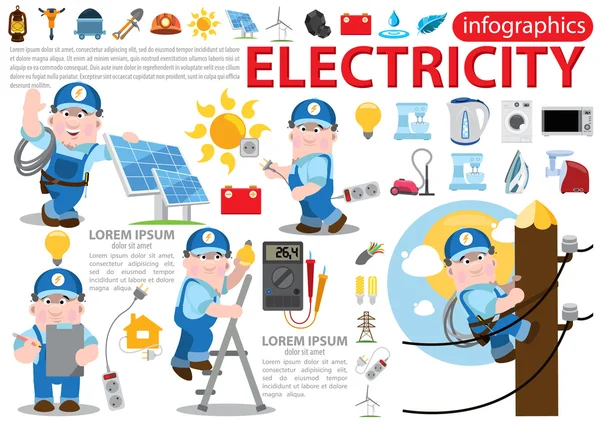 Elettricità infografica, energetica, concetto di elettricista professionista con uomo elettrico — Foto Stock