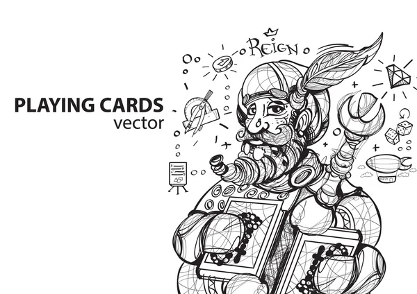 Rey de palos jugando al palo de cartas. Esquema de dibujo . — Archivo Imágenes Vectoriales