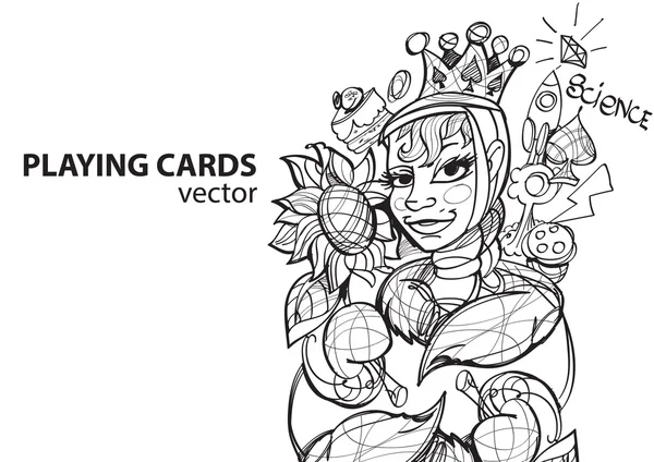 Drottningen av spelkort spader. Översiktsritning. — Stock vektor
