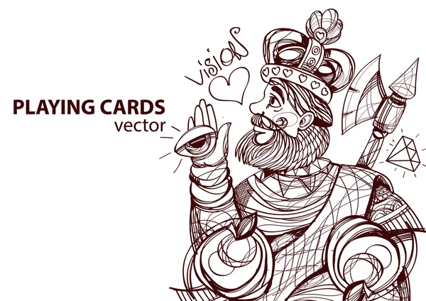 Rey de corazones jugando al palo de cartas. Esquema de dibujo . — Vector de stock