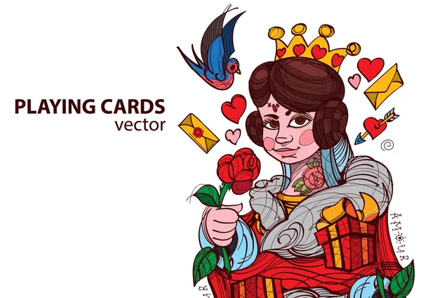 Reina de corazones jugando al palo de cartas . — Vector de stock