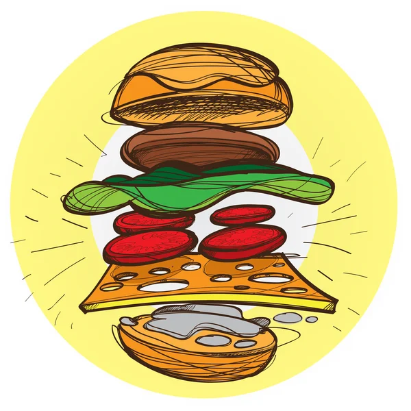 Фастфуд. Большой гамбургер красочный ручной рисунок . — стоковый вектор