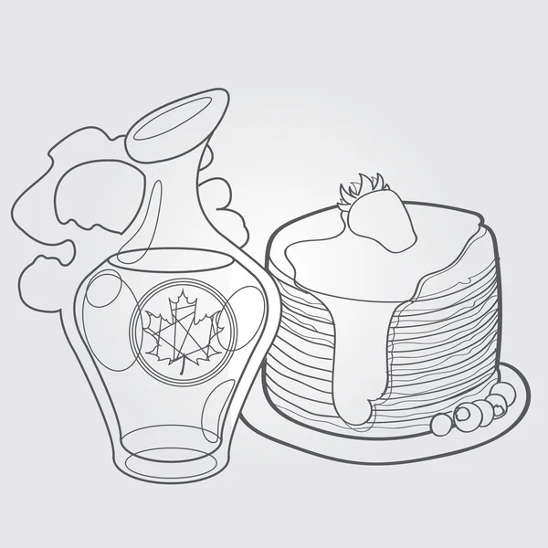 Jarabe de arce y panqueques, dibujo tradicional del esquema del plato canadiense . — Vector de stock