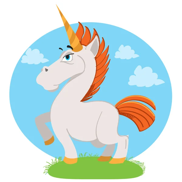 Unicorn in een weide, kleurrijke logo cartoon stijl, fairy tale karakter. — Stockvector