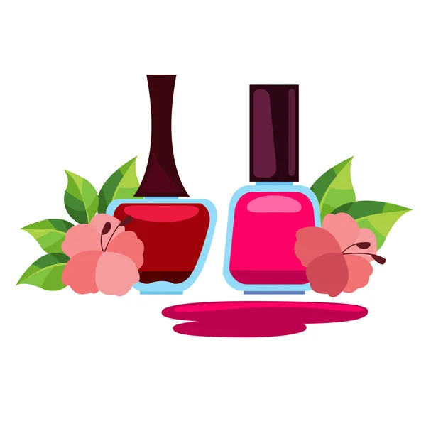 Vernis pour ongles teintes rouges. Cosmétiques décoratifs. Illustration colorée pour blog de design, magazine, article, beauté, département de cosmétique décorative dans un magasin ou un centre commercial . — Image vectorielle