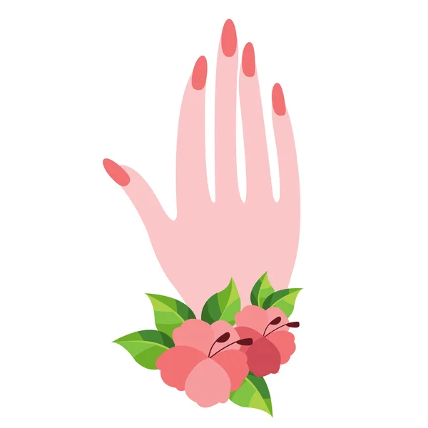 Vrouwelijke hand met een armband van bloemen, manicure. Gekleurde afbeelding voor registratie van vrouwen in blogs, websites en artikelen. — Stockvector