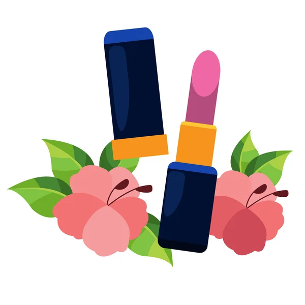 Lippenstift und Blumen. Dekorative Kosmetik. farbige Illustration für Designblog, Magazin, Artikel, Schönheit, Abteilung für dekorative Kosmetik in einem Geschäft oder Einkaufszentrum. — Stockvektor