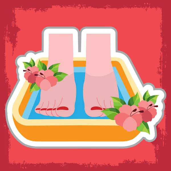 Female feet in the bath on pink grunge background. Pedicure procedure. Colored illustration for registration of women in blogs, websites and articles. — Stock Vector