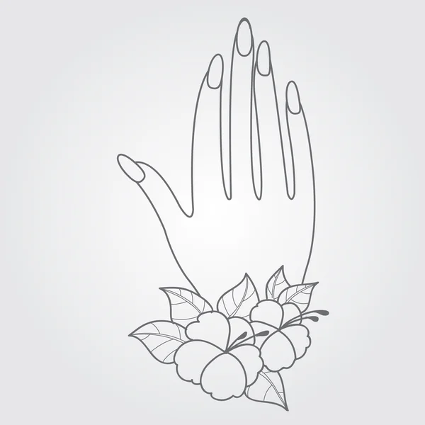 Tangan wanita dengan gelang bunga, manikur. Gambar garis besar untuk pendaftaran perempuan di blog, situs web dan artikel . - Stok Vektor