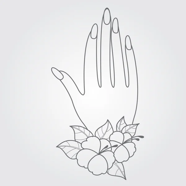 Female hand with a bracelet of flowers, manicure. Outline drawing for registration of women in blogs, websites and articles. — Stock Vector