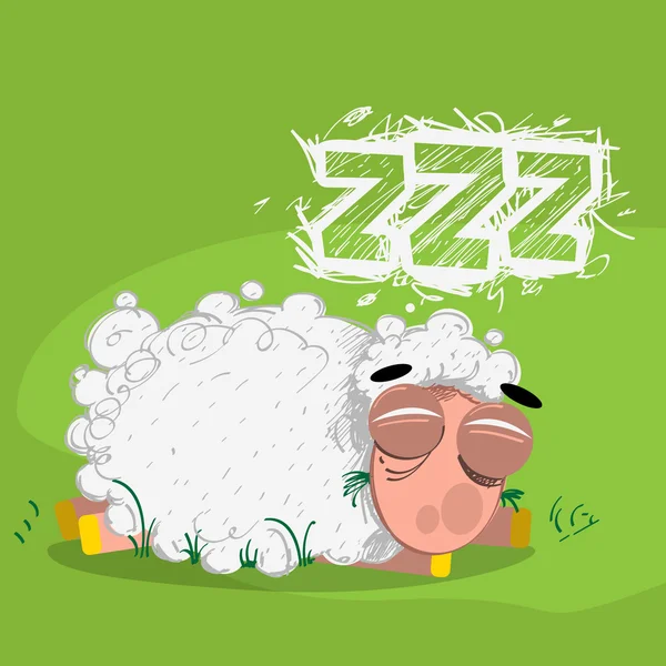 Little lamb sleeping in a meadow, funny cartoon character. — Stock Vector