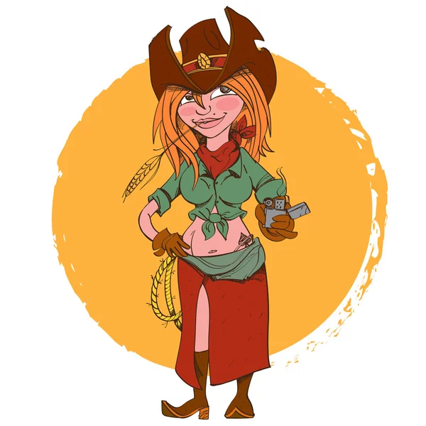 A menina o cowboy com um laço e um isqueiro, personagem de desenho animado em um estilo de caricatura . — Vetor de Stock